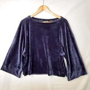 DKNY Sport Women's L Navy Velvet Plush Velour Blouse Boat Neck Wide Long Sleeve